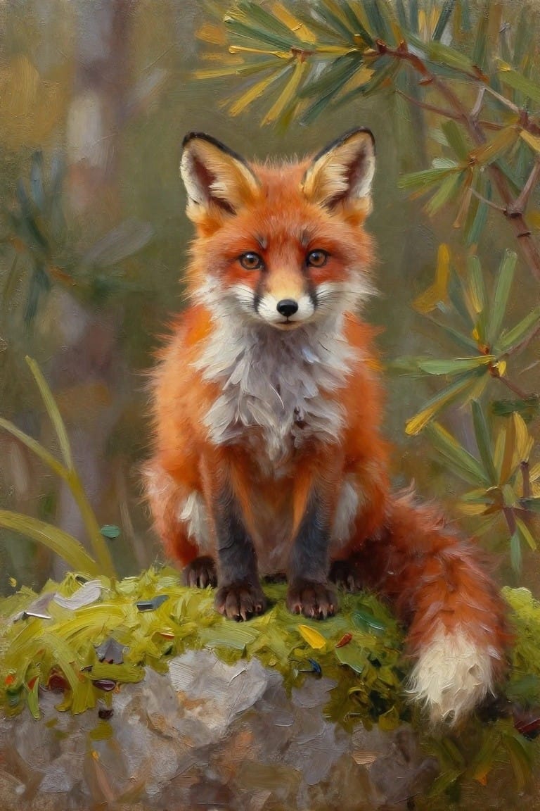 Red fox with white chest sitting alert on mossy rock amid pine branches