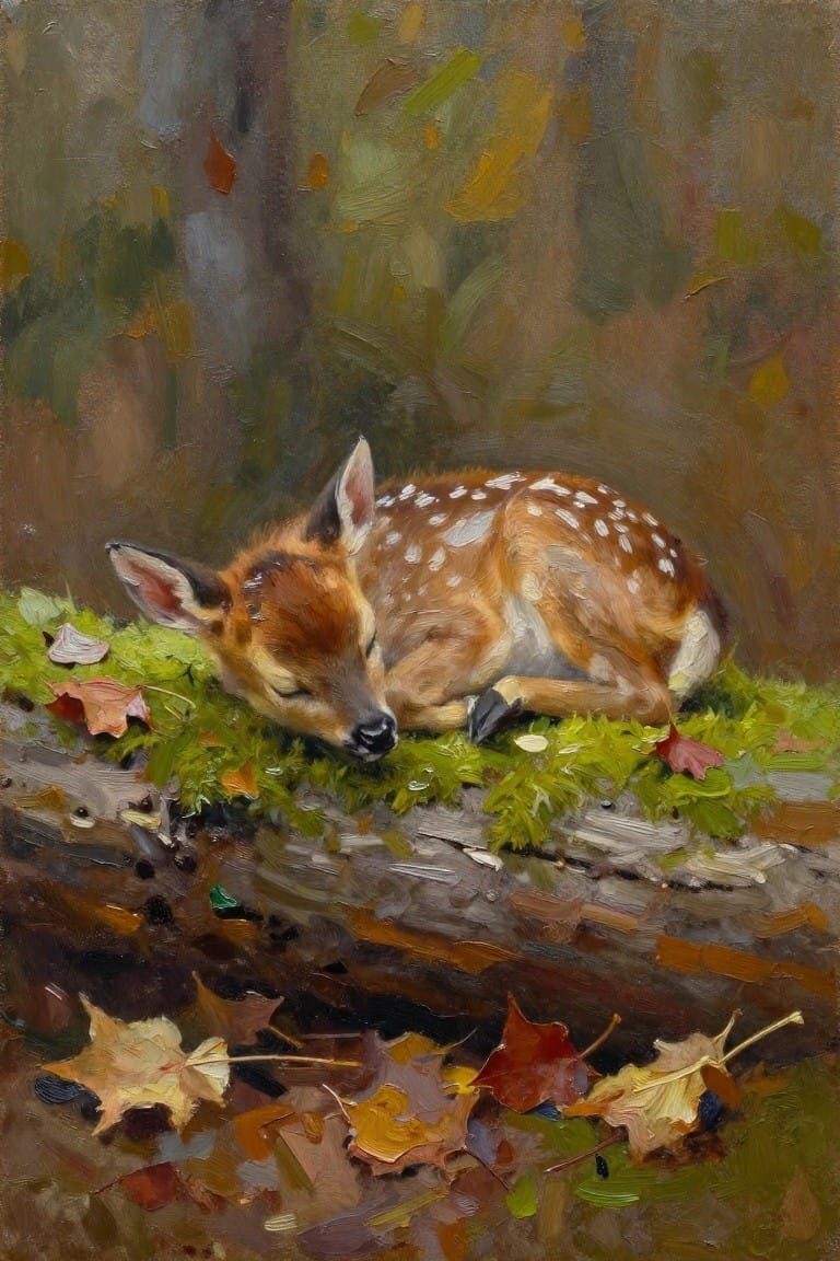 Sleeping spotted fawn curled on mossy log amid colorful autumn leaves in forest