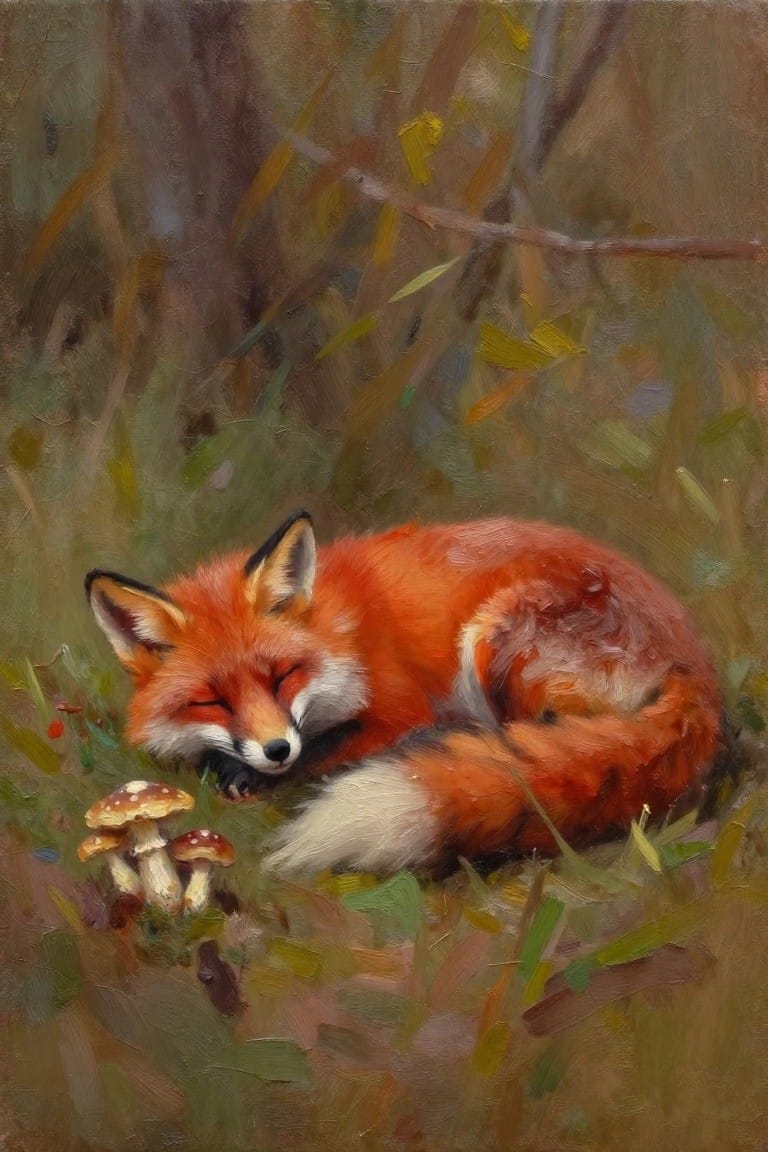 Sleeping red fox curled near mushrooms in an earthy forest painting