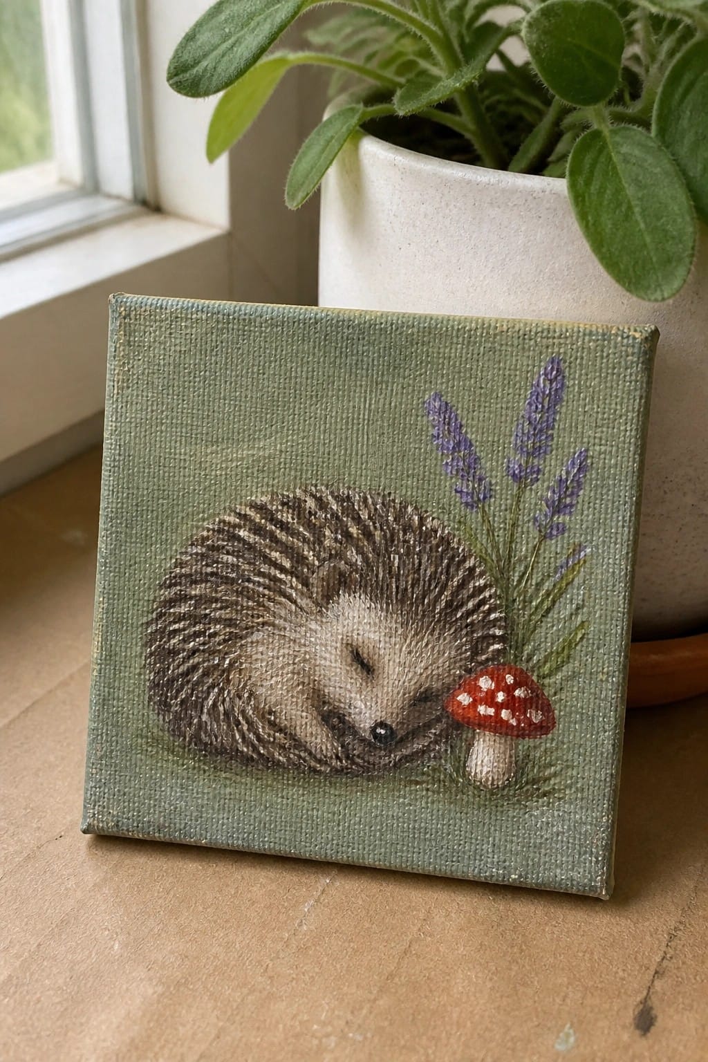 Small green canvas painting of curled sleeping hedgehog with red mushroom and lavender.