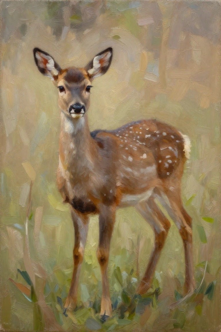 Spotted fawn stands alert amid soft green and brown brushstrokes