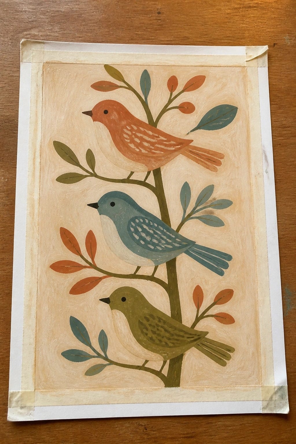 Three colorful birds perched on leafy branches in folk-art style