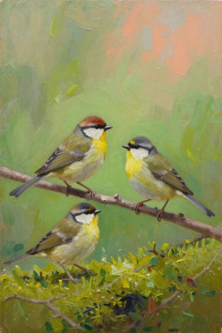 Three yellow-breasted birds with red and gray caps perched on branches in green painting.