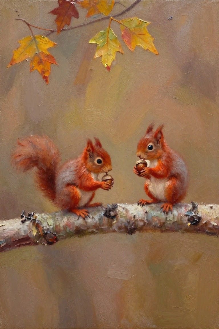 Two red squirrels holding acorns on a branch amid autumn leaves in oil painting