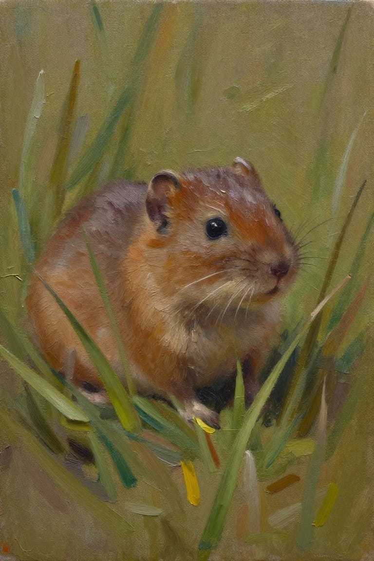 A realistic oil painting of a small brown vole sitting among green grass blades with a muted background.