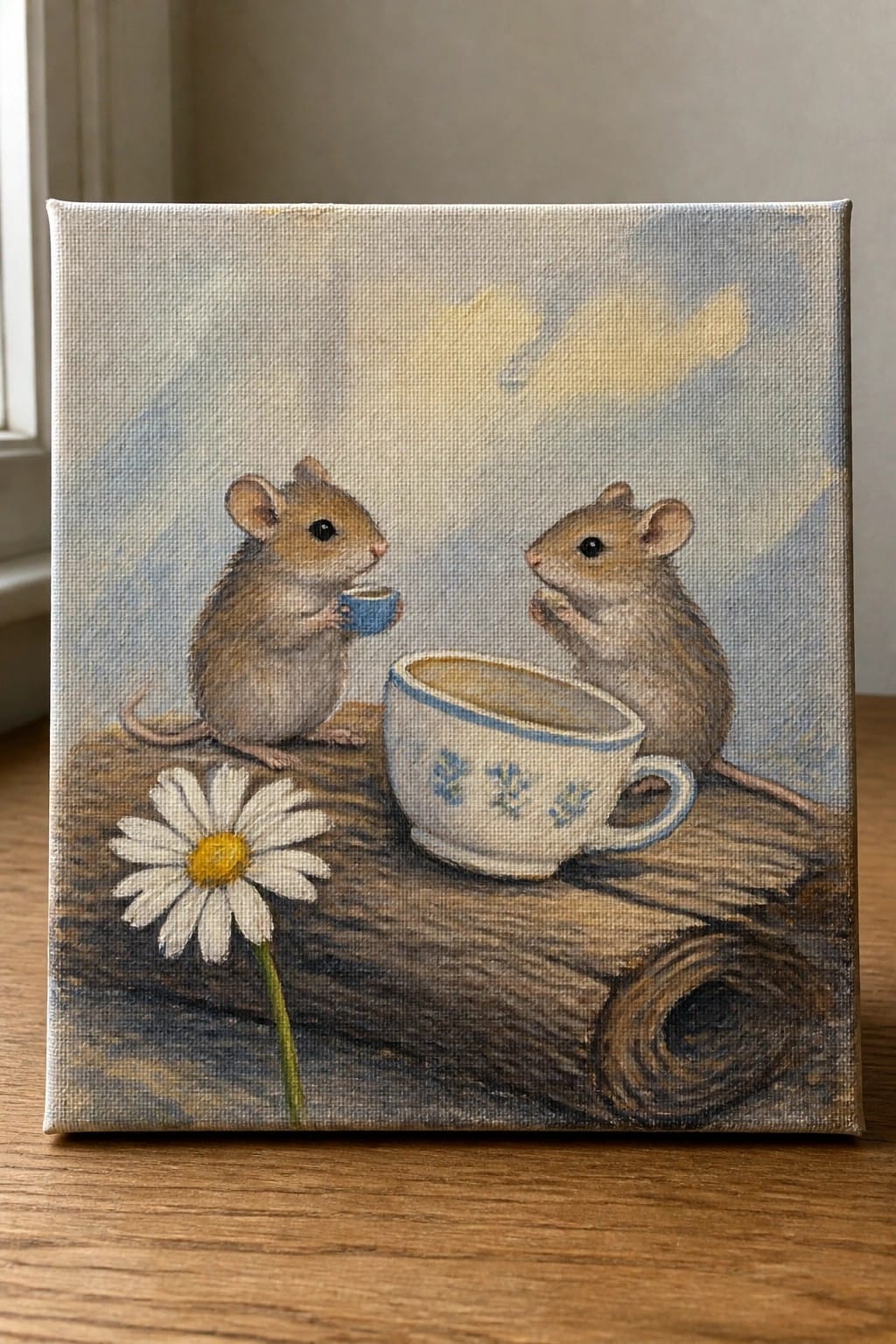 Two mice with teacups on wood beside a daisy under cloudy skies.