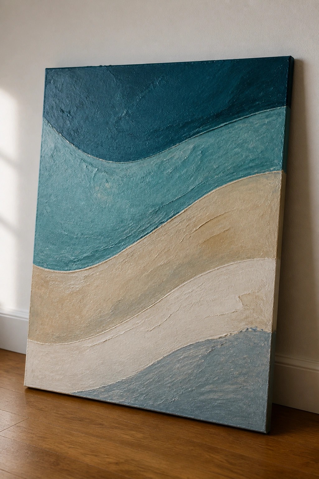 Textured abstract painting with wavy teal, beige, and blue layers against a wall.
