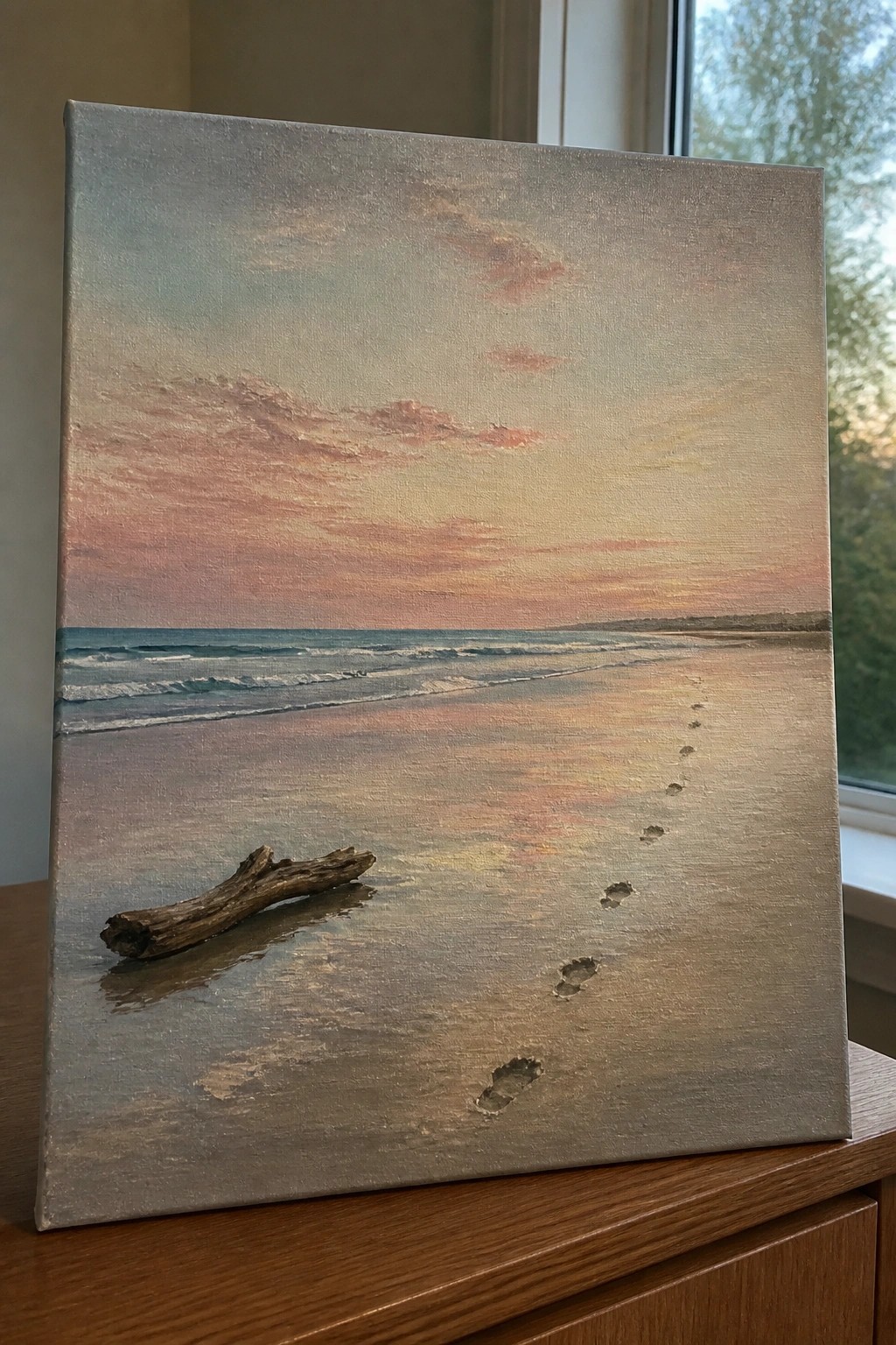 Painting of sunset beach with driftwood, footprints in sand, waves, and pink-orange sky.