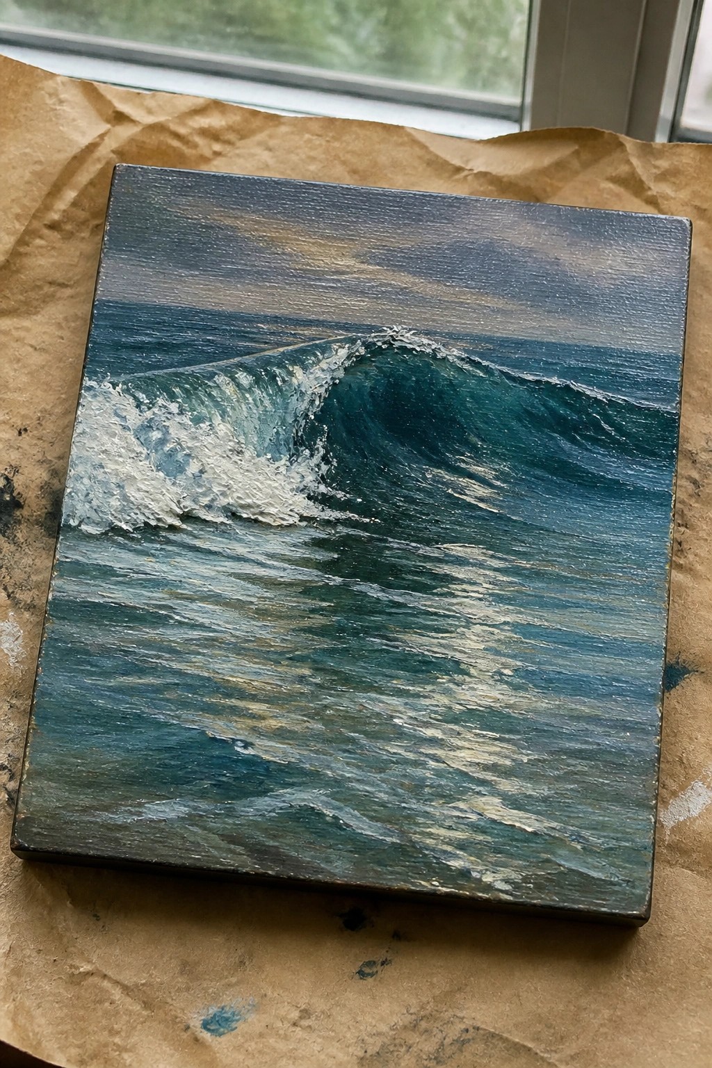 Square canvas painting of a curling teal ocean wave with white foam on brown paper.