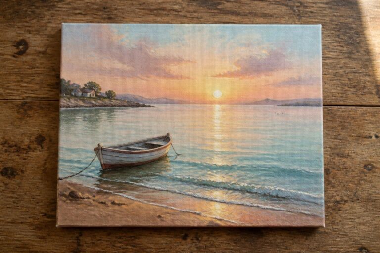 18 Dreamy Beach Oil Painting Ideas for a Coastal Escape Feel Small boat on sandy beach at sunset with sun reflecting on calm sea and hills.