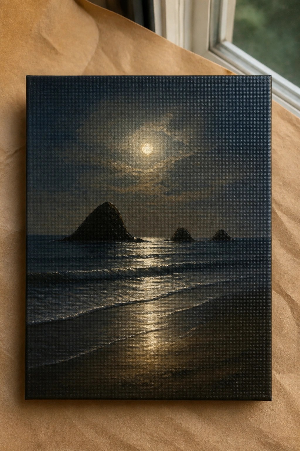 An oil painting of a moonlit beach at night with waves and silhouetted rocks in the distance.