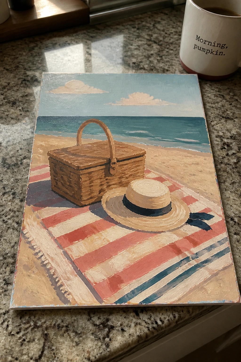 Beach painting with picnic basket and straw hat on red striped towel by ocean.