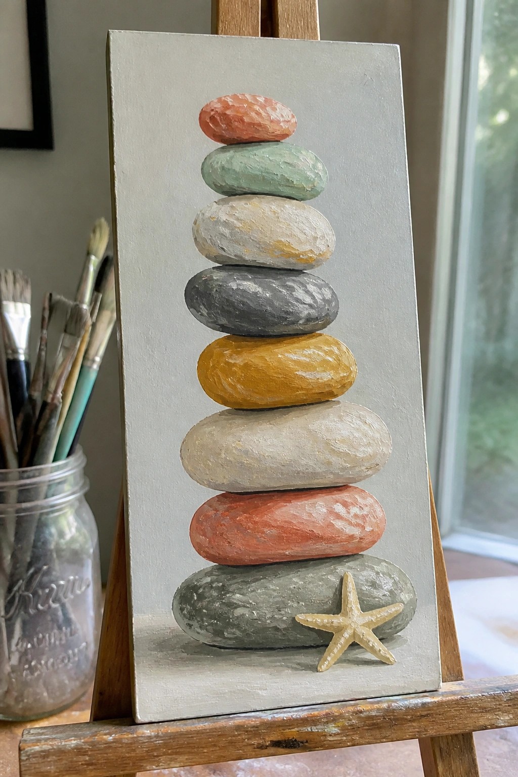 Stacked colorful stones painting on easel with starfish and paintbrushes
