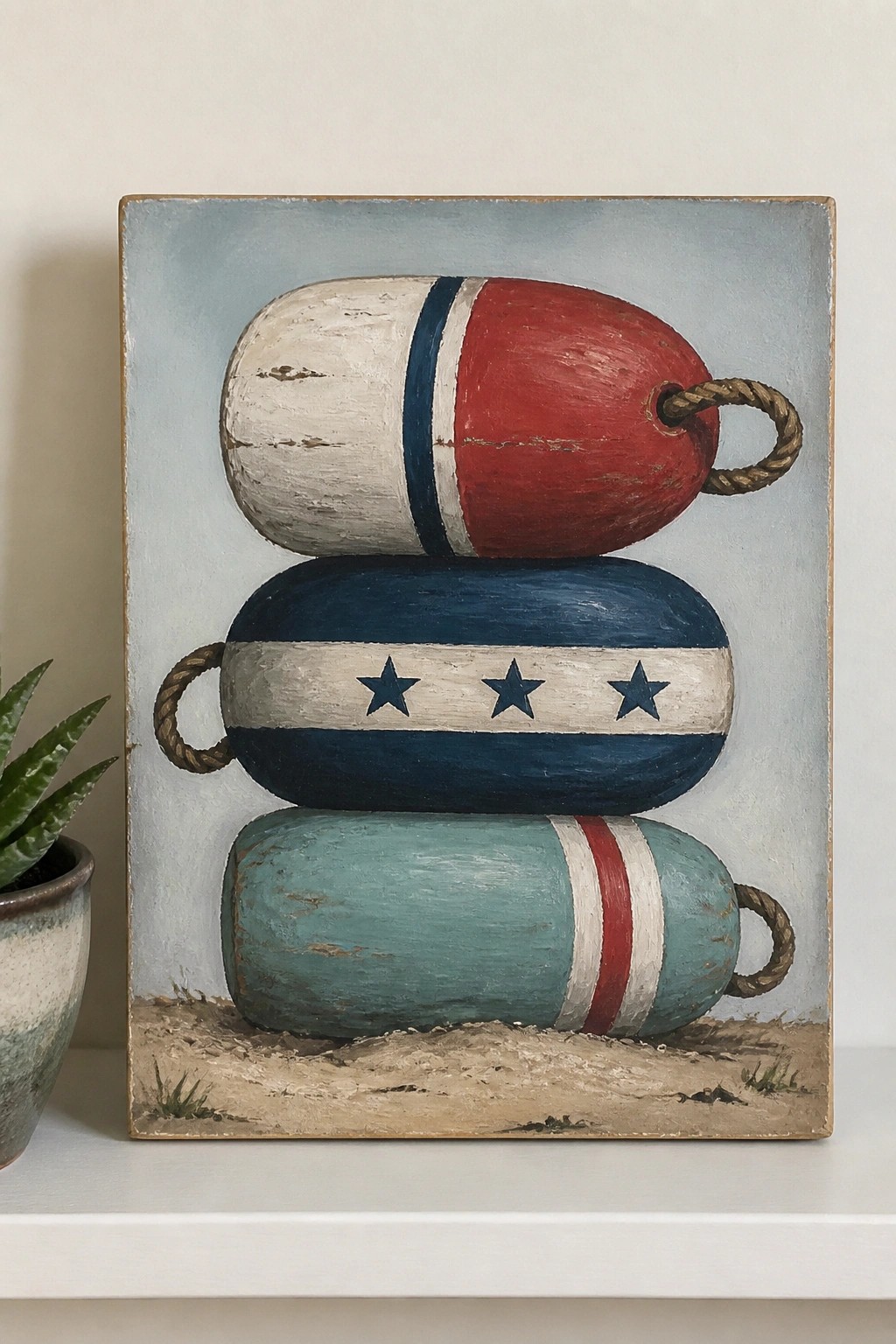 Three stacked buoys in red, white, blue, and teal on sandy base beside plant