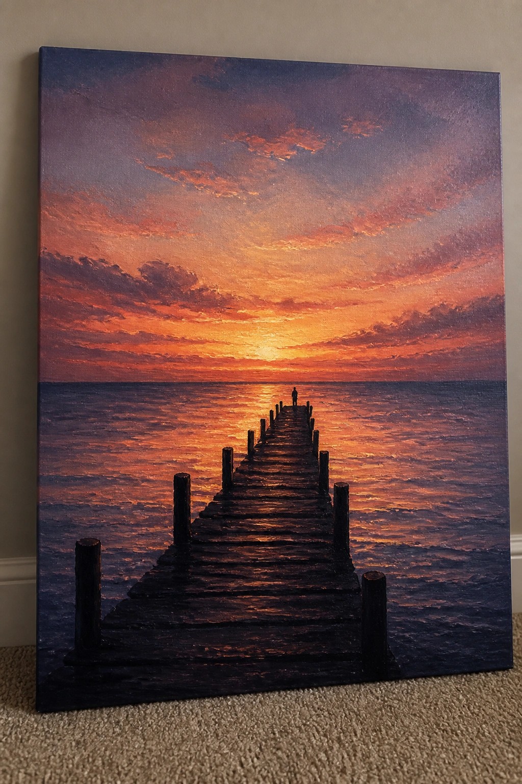 Vibrant sunset painting of wooden pier with lone silhouette over calm ocean.