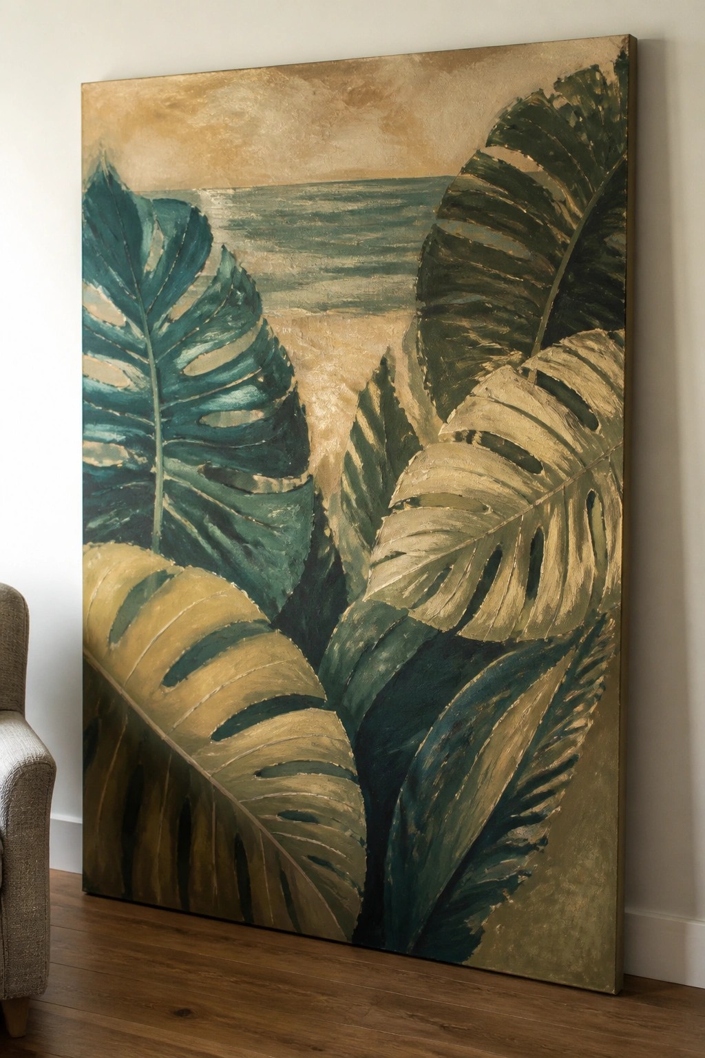 Large abstract painting of oversized teal and gold tropical leaves with ocean view.