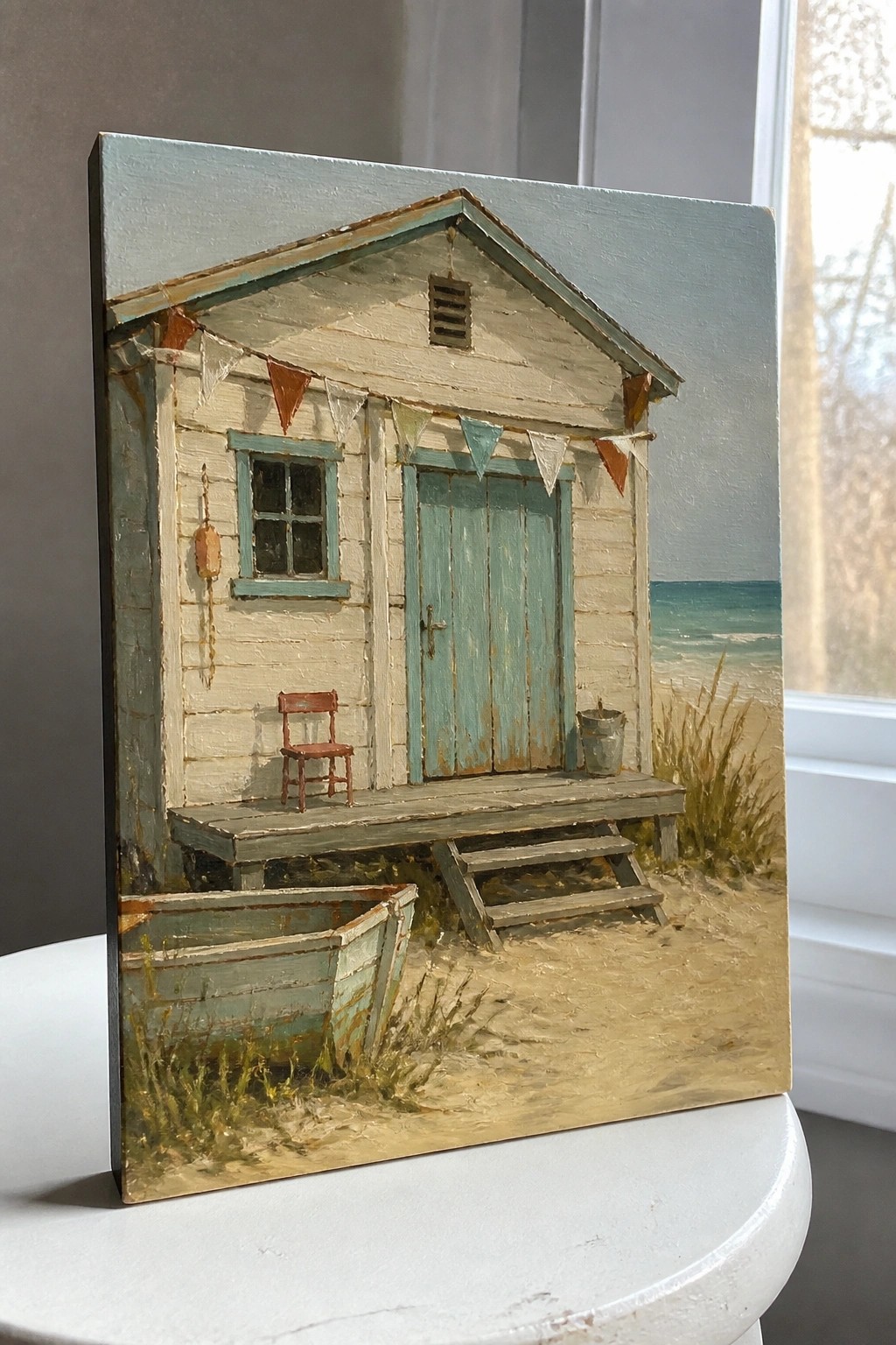 Painted beach cottage with bunting flags, red chair, boat, and ocean view.