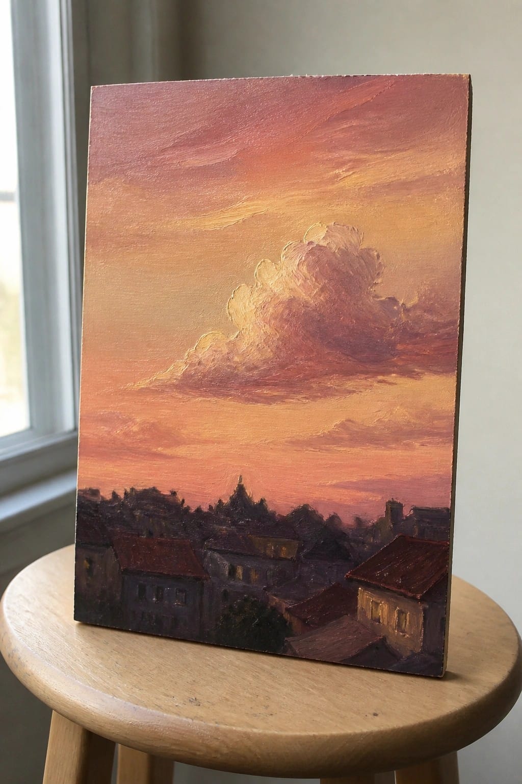 An oil painting of a sunset with orange and red clouds over dark rooftops of buildings on a wooden stool.
