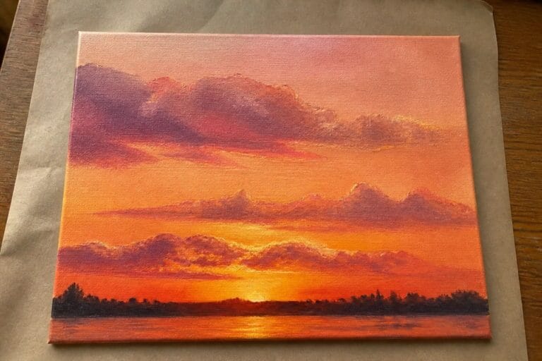 Vibrant oil painting of orange-red sunset with purple clouds over dark silhouetted hills and water.