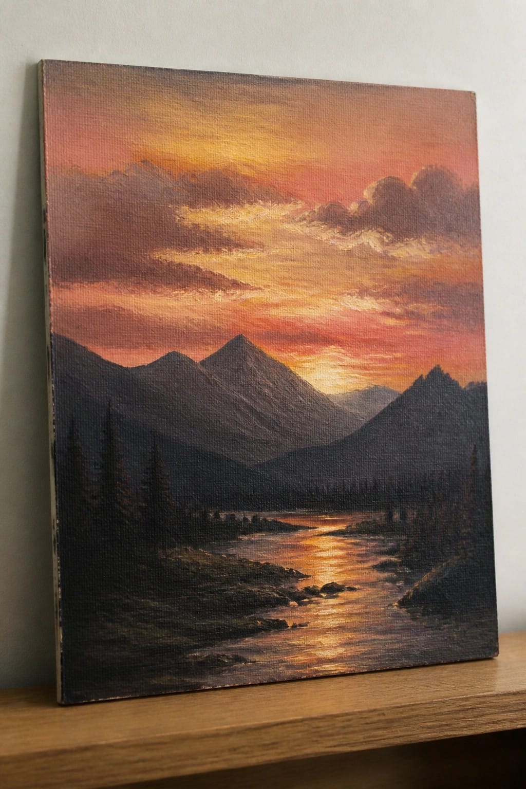Vibrant sunset painting with orange skies over dark mountains and glowing river.