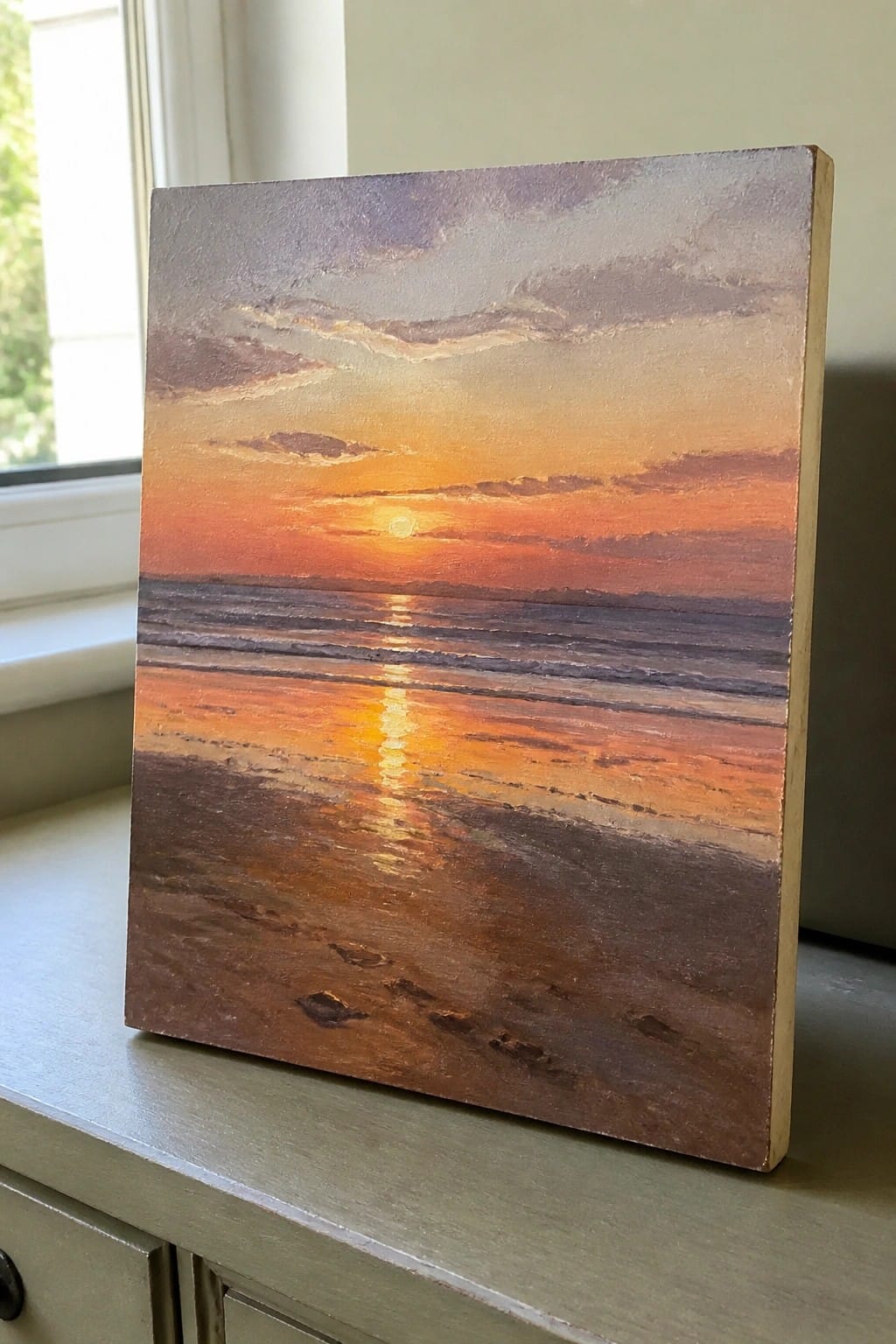 Canvas painting of vibrant sunset over ocean with sun reflection and beach footprints