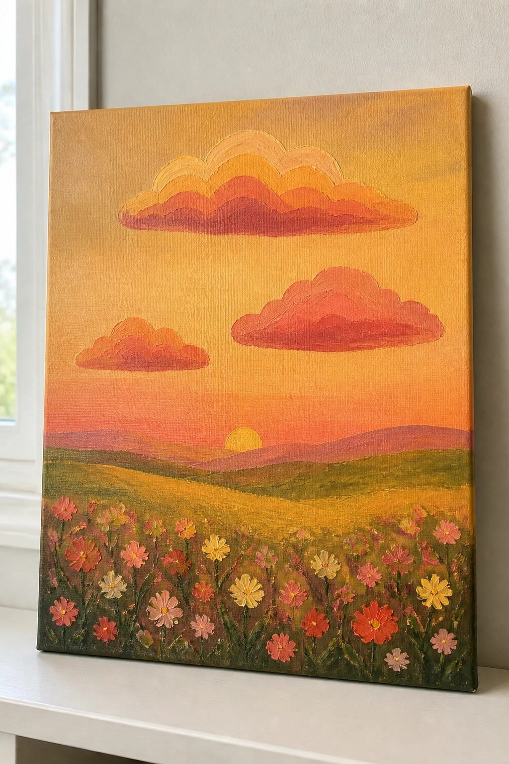 Colorful sunset painting with orange clouds, rolling hills, and wildflower meadow.
