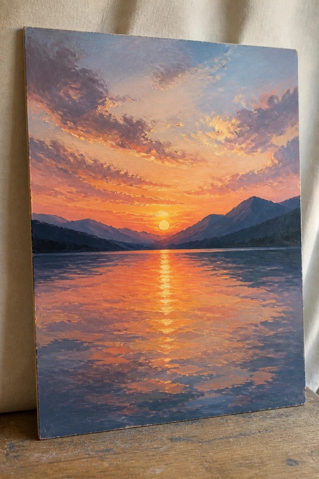 Vibrant oil painting of sunset over mountains with orange reflection on rippled water