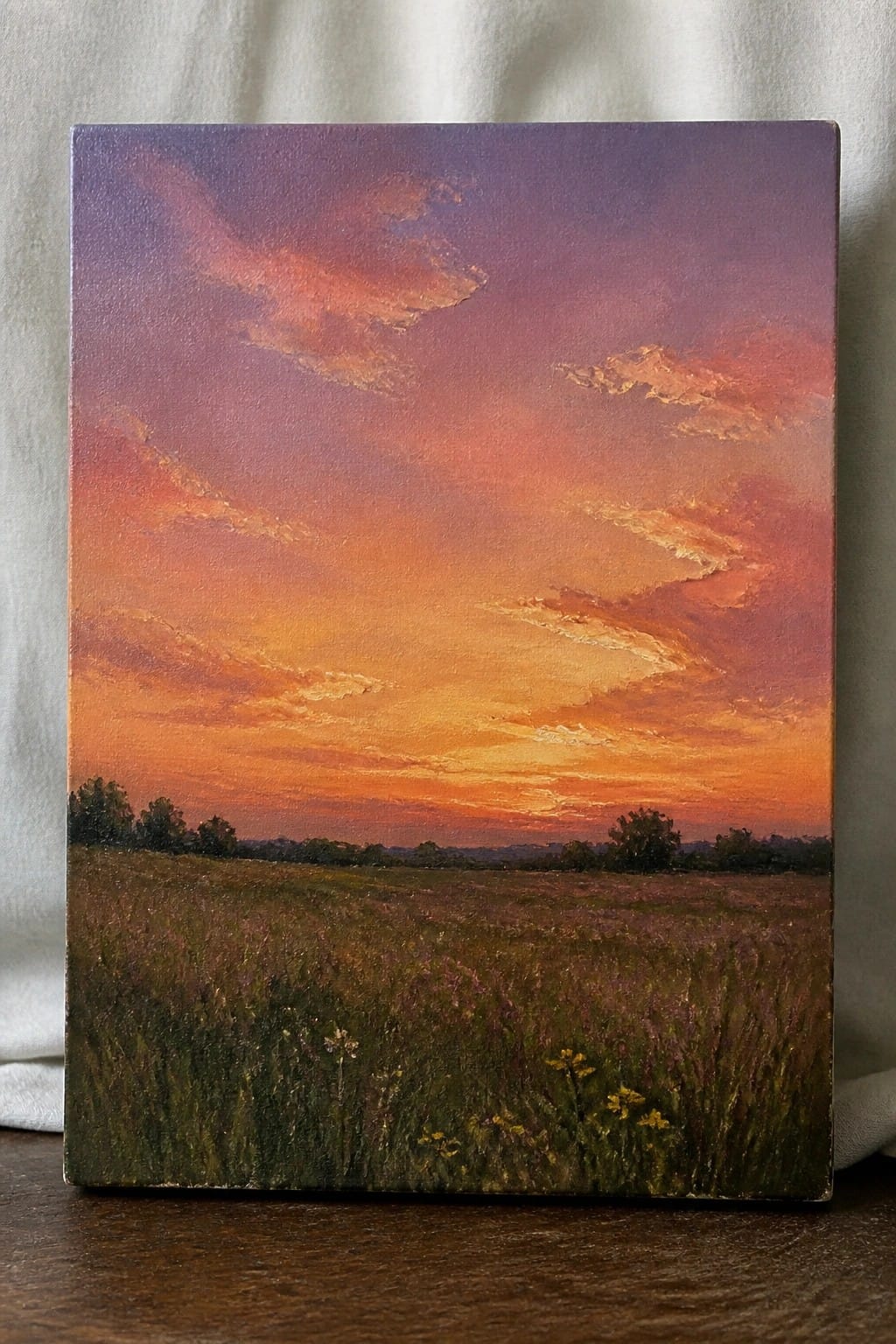 Vivid sunset painting with orange-purple skies over a wildflower meadow and distant trees