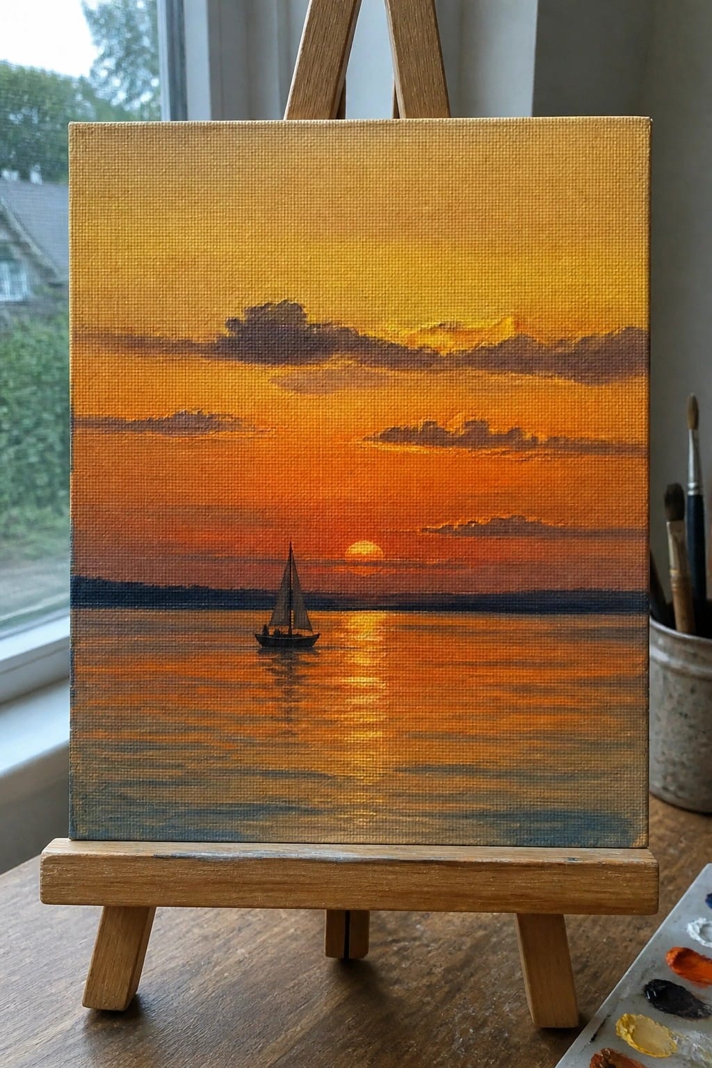 Sunset painting of sailboat on reflective orange water displayed on wooden easel
