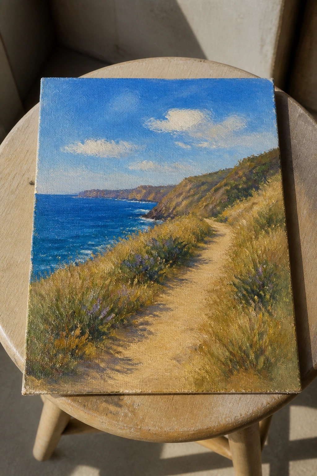 Oil painting of blue ocean and cliffside path on round wooden stool
