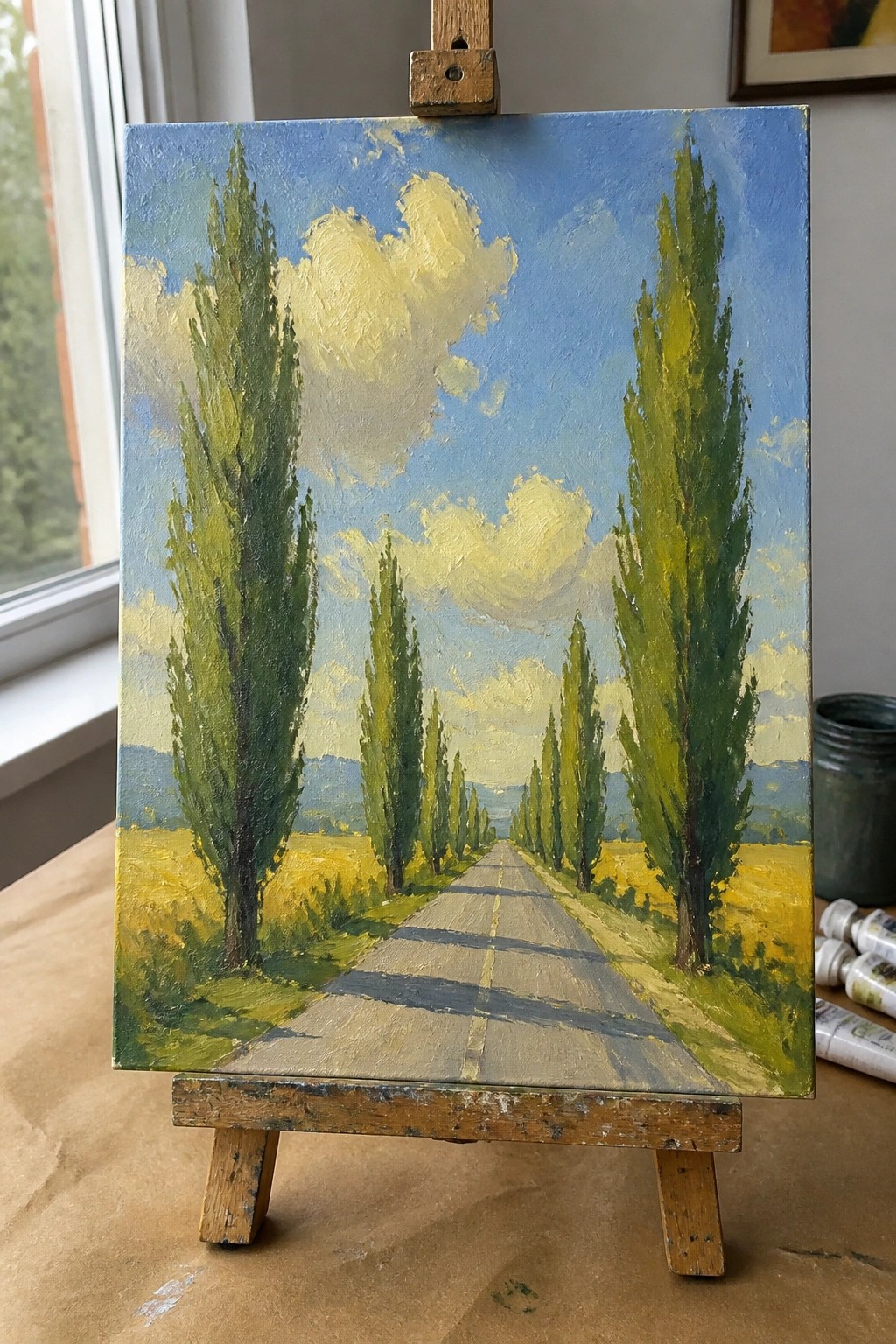 Easel holds oil painting of tree-lined road through yellow fields under blue sky with clouds
