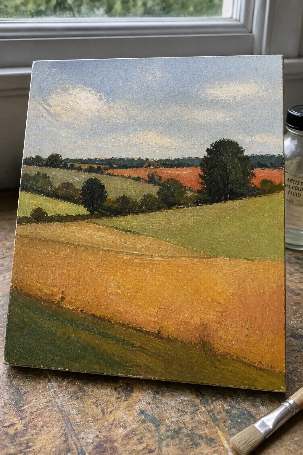 Oil painting of rolling fields and trees with brush and fluid jar nearby