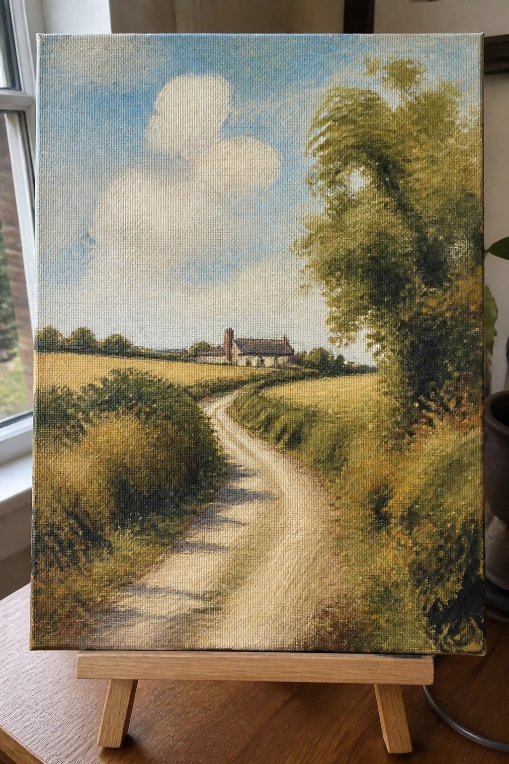An oil painting of a winding dirt path through fields leading toward a house with a chimney, trees on the right, and a blue sky with clouds.