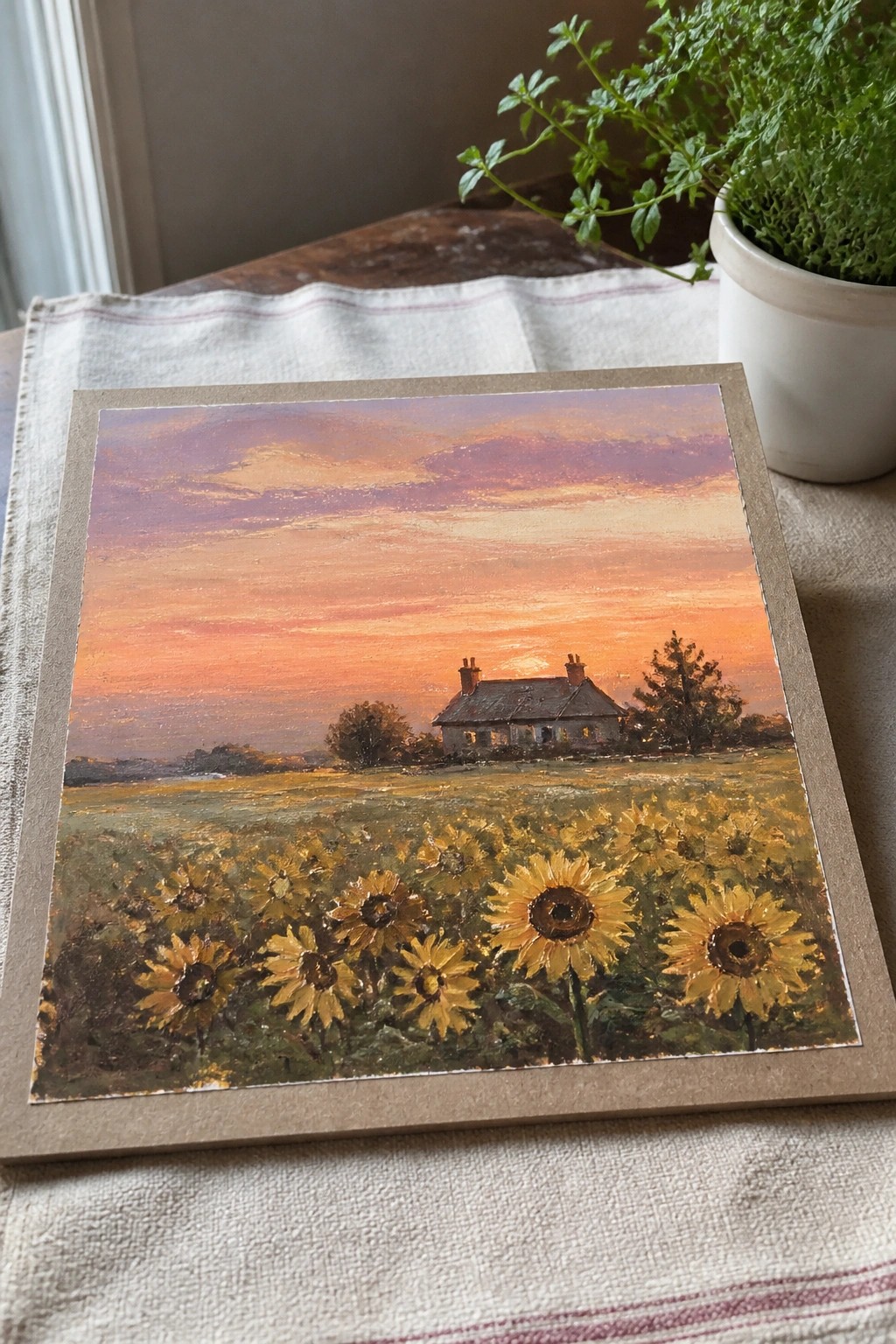 Sunset painting of sunflowers before a cottage, displayed on cloth near a potted plant