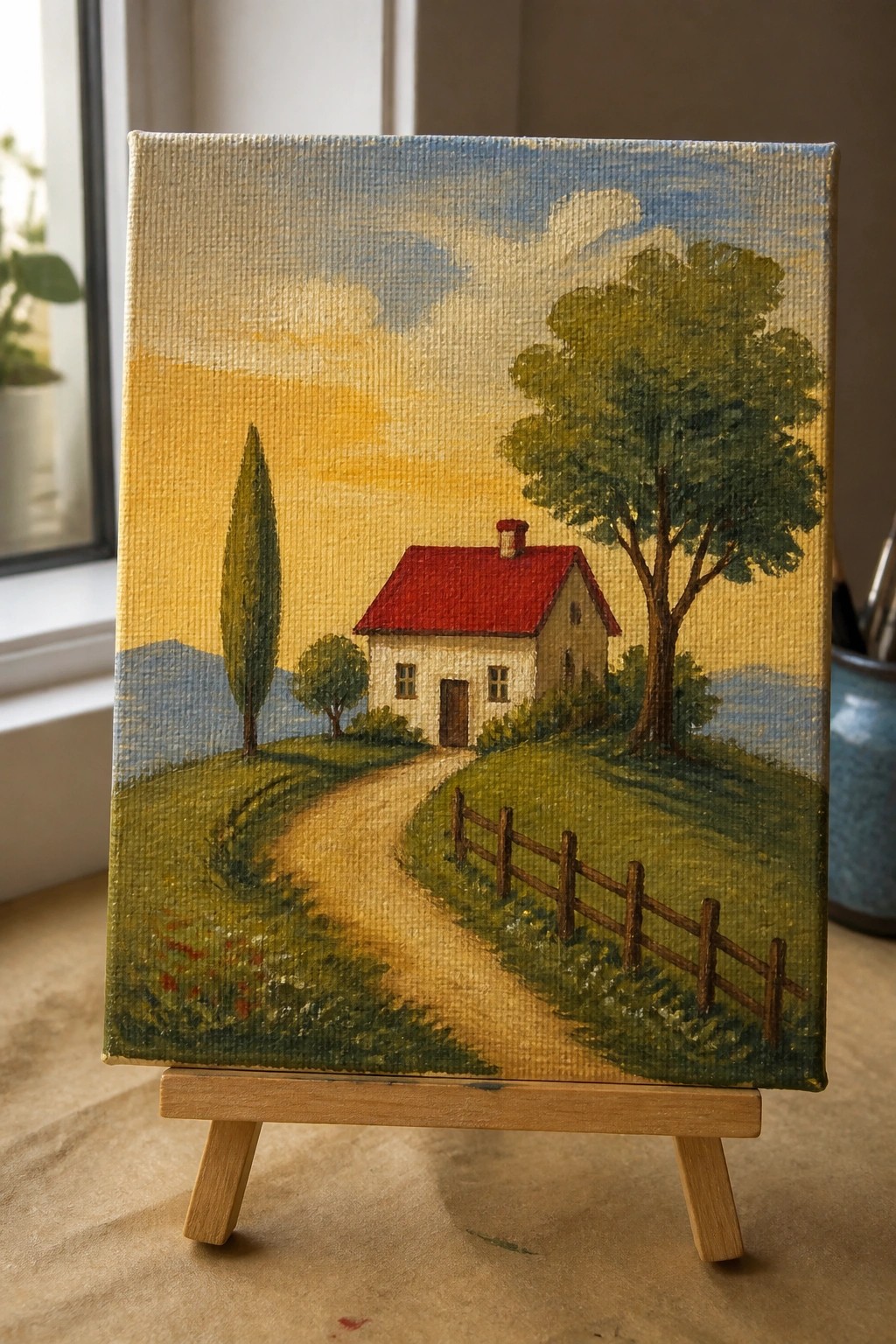 Canvas on wooden easel showing house with red roof and winding path