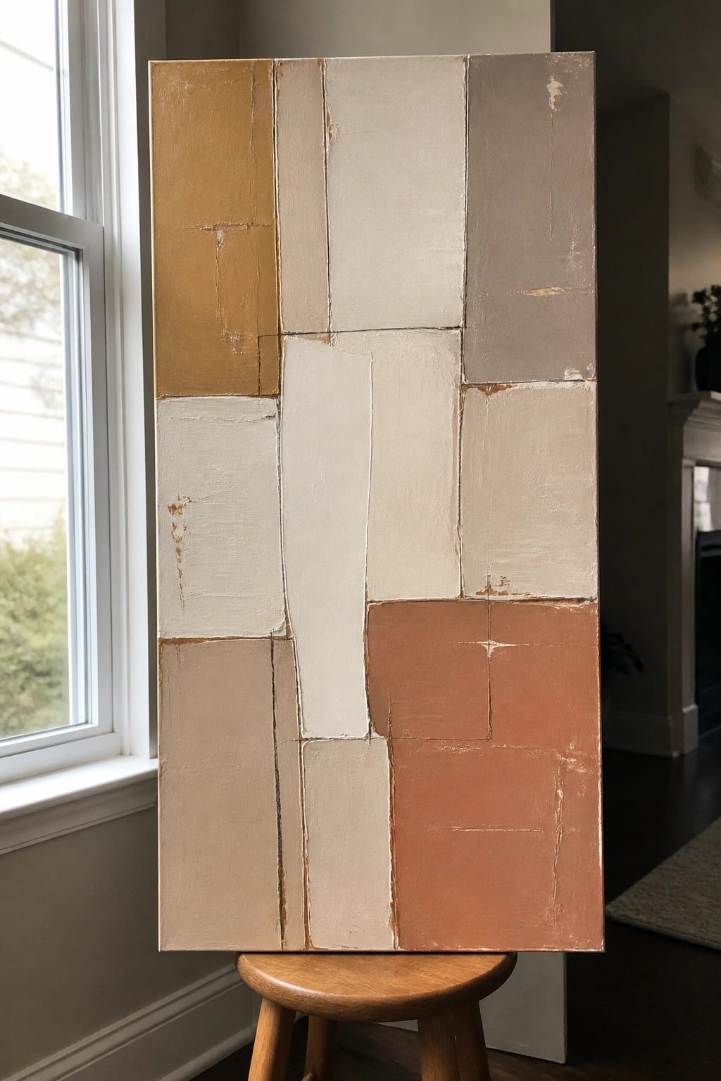 Abstract painting of geometric rectangles in earth tones on wooden stool