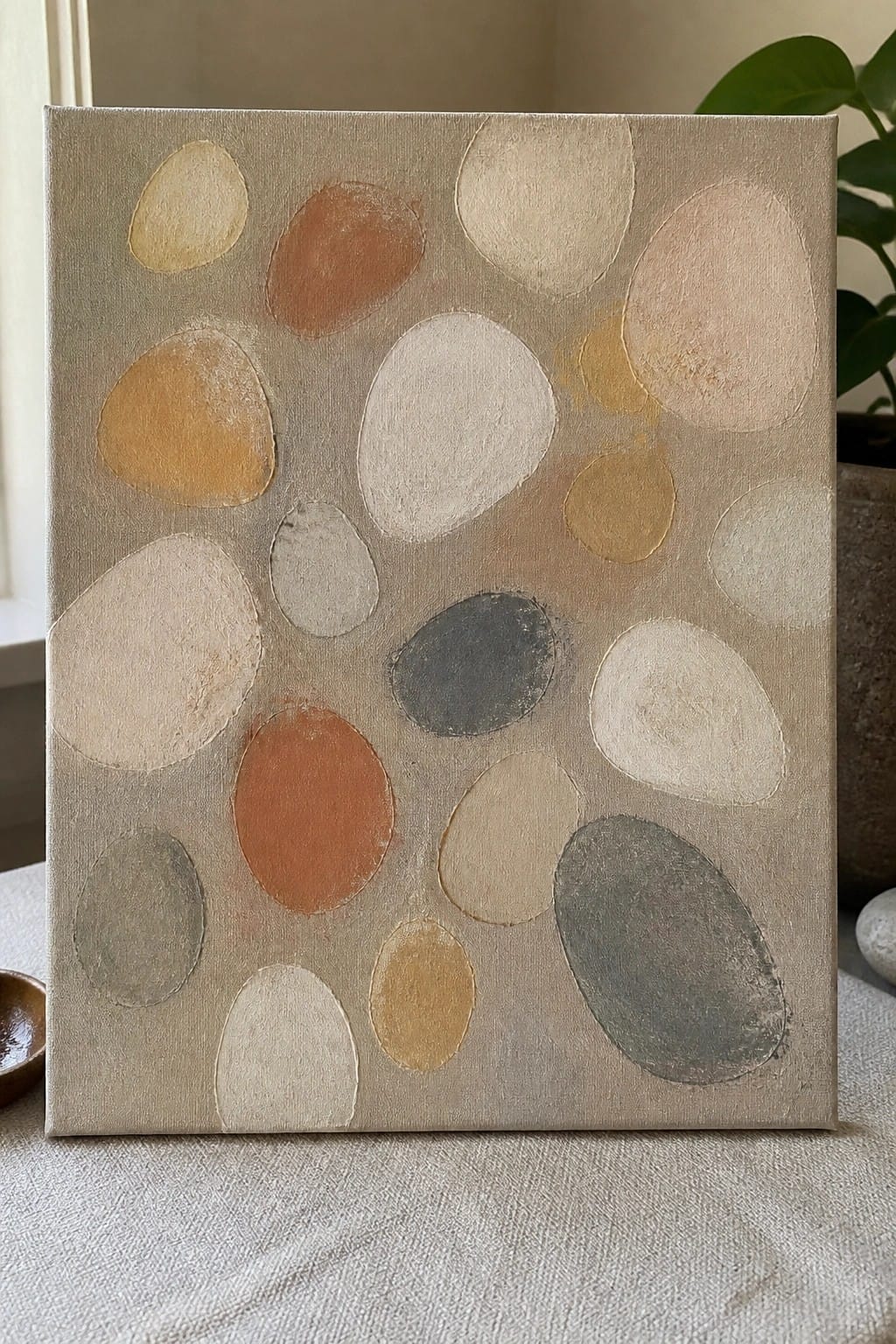 Abstract canvas with scattered oval shapes in neutral earth tones and textures