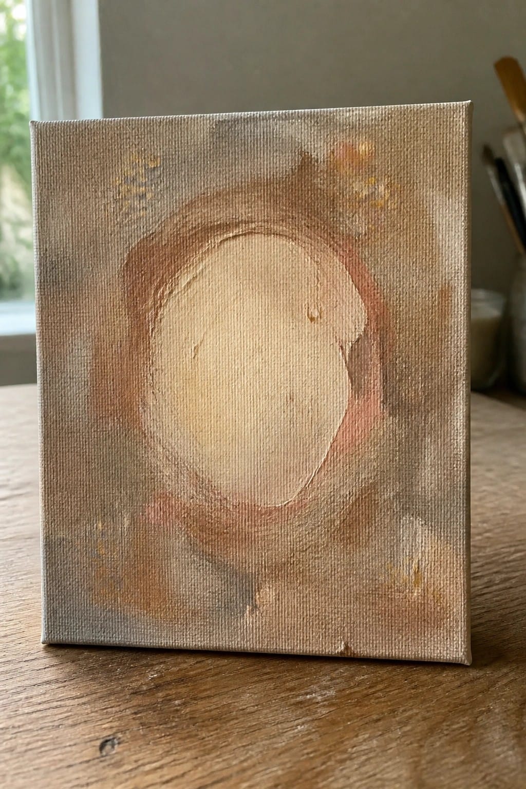 Abstract canvas painting with central beige oval amid earthy brown swirls on wooden table