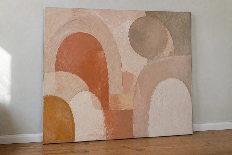 Abstract painting with overlapping curved shapes in terracotta, beige, and ochre leaning on wall