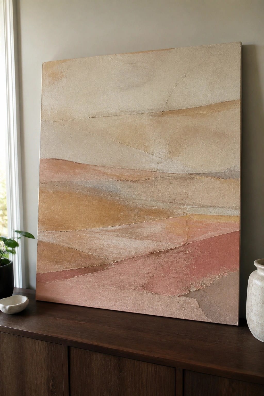 An abstract oil painting with horizontal bands of beige, peach, and brown tones on a canvas displayed on a wooden surface.