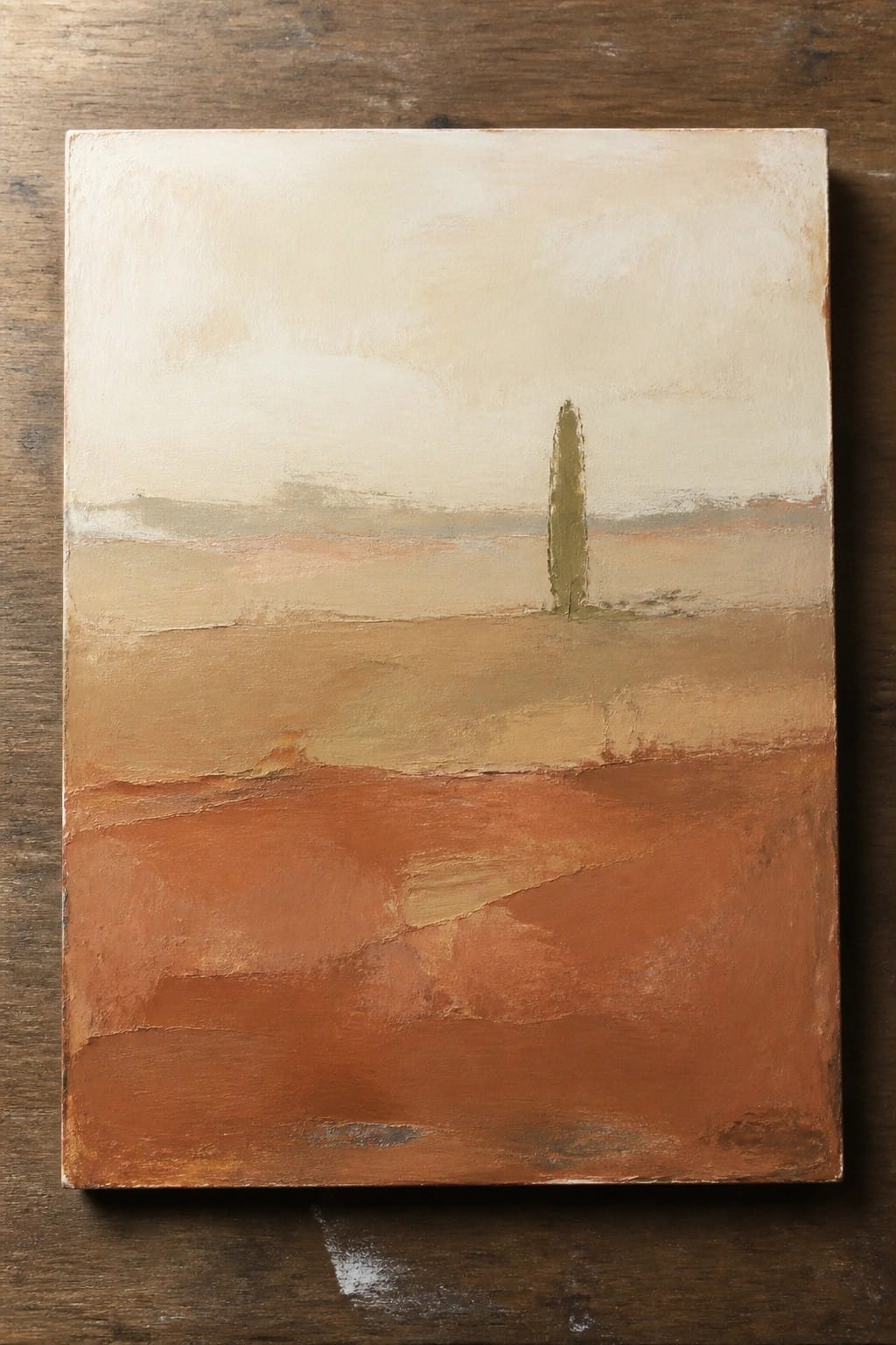 Abstract painting of a lone green tree amid layered earthy brown and beige fields.