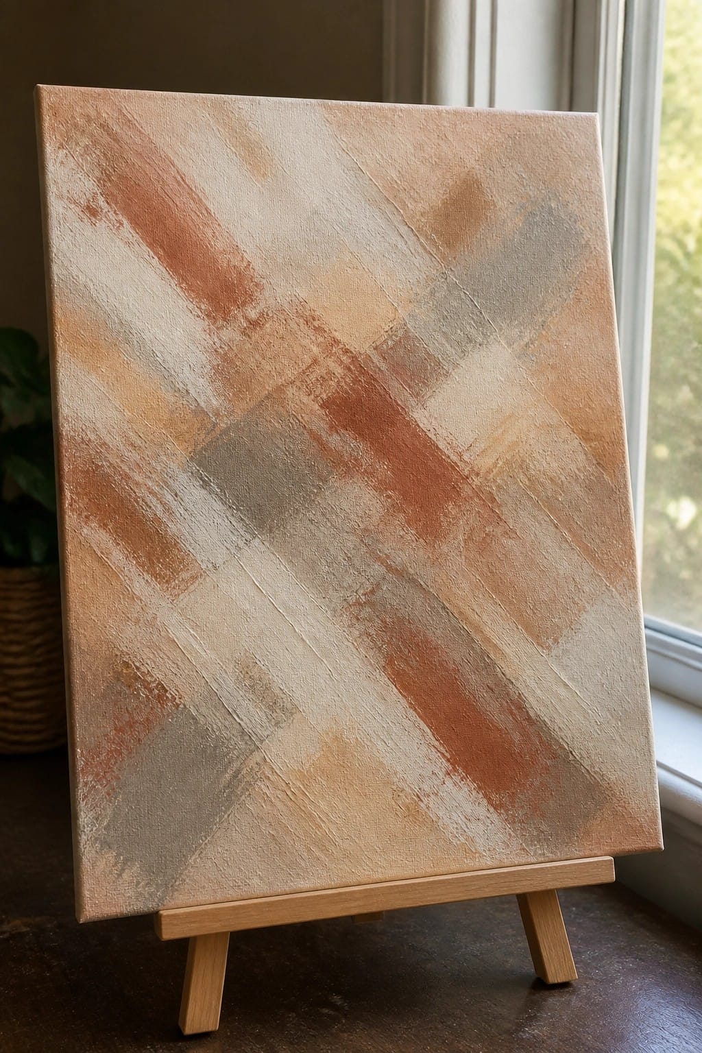 Abstract painting with diagonal brushstrokes in terracotta, beige, and gray on wooden easel