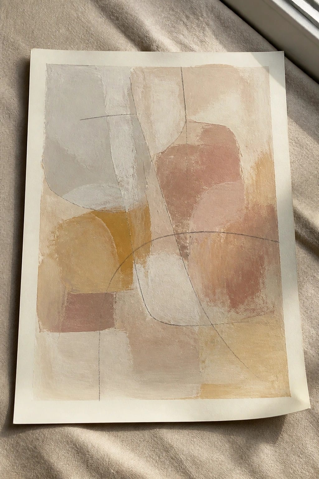 Abstract artwork with soft beige, brown, and yellow shapes on fabric surface