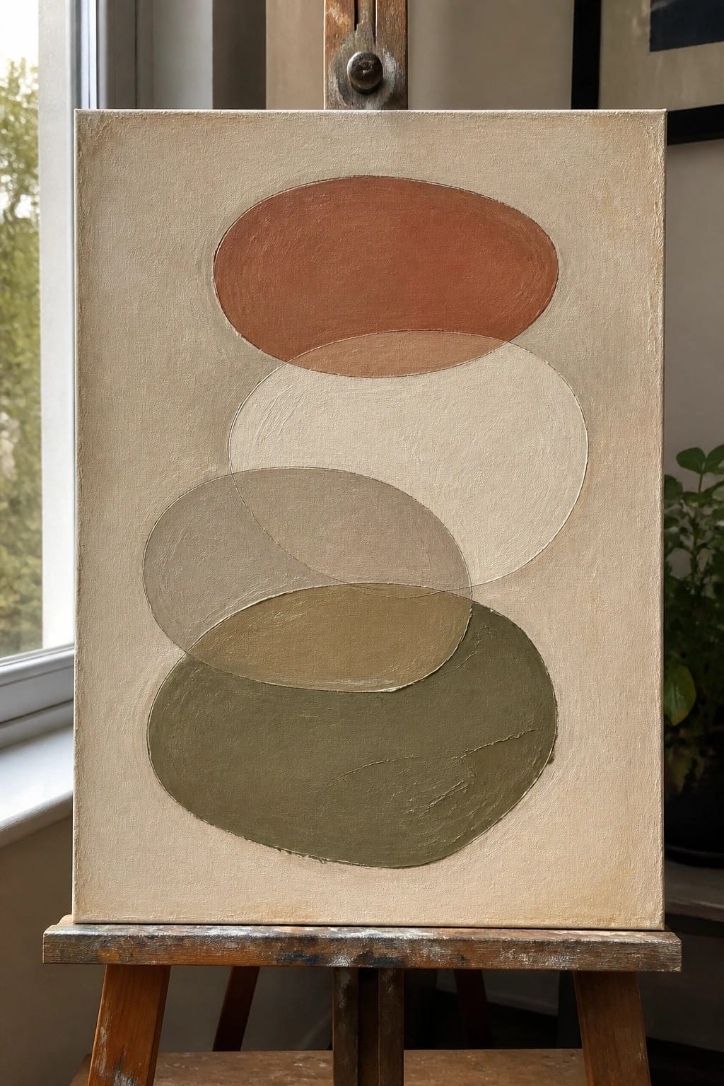 An abstract oil painting on an easel shows overlapping ovals in terracotta, beige, taupe, and olive green on a light neutral background.