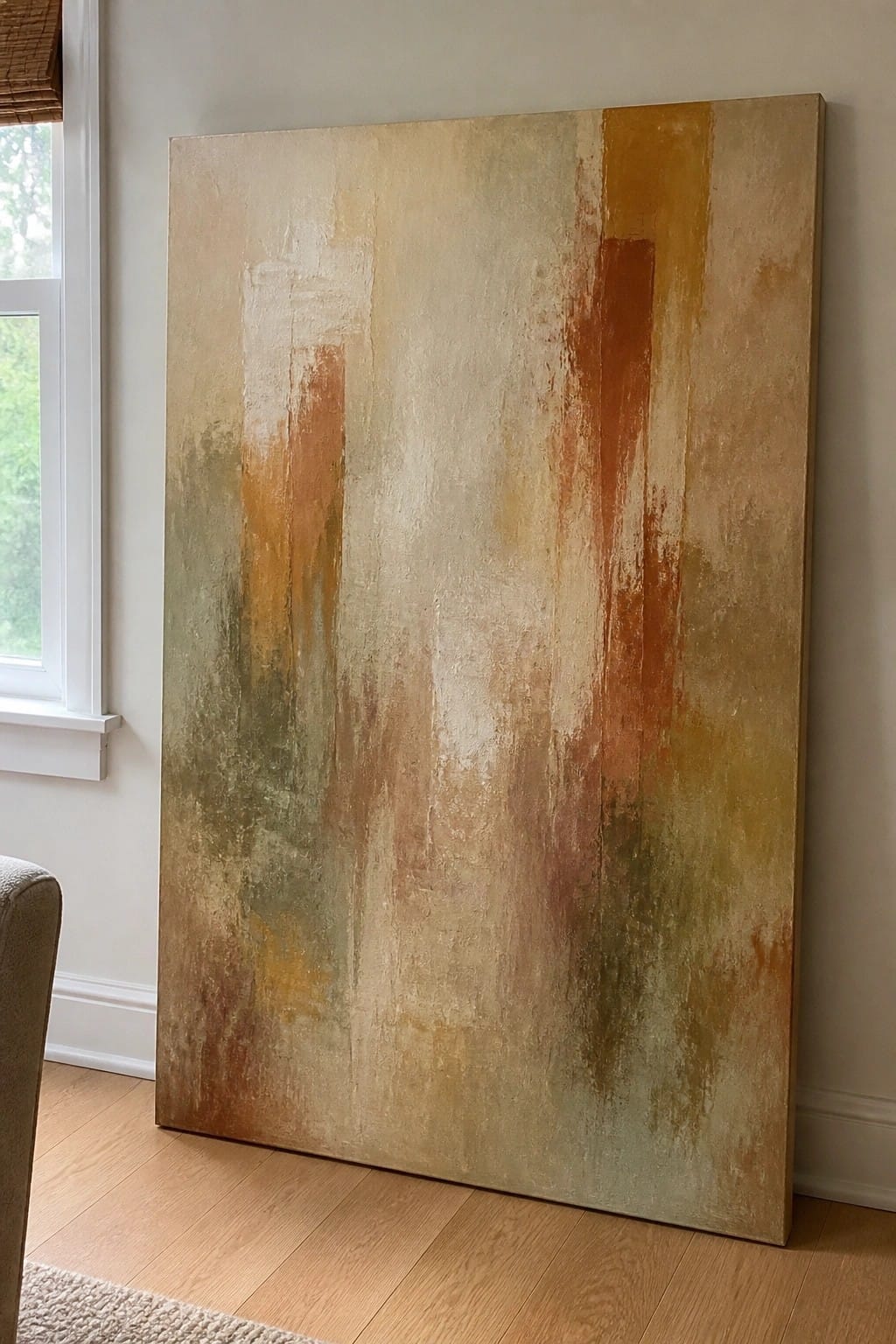 Large abstract painting with earthy tones leaning against wall on wooden floor