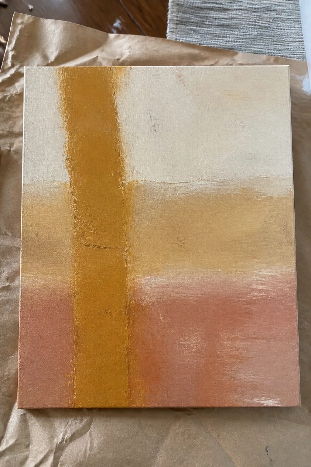 Abstract canvas with vertical mustard stripe over beige-to-coral gradient background
