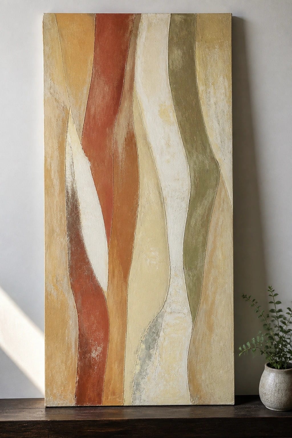 Abstract painting with wavy vertical stripes in earthy tones beside potted plant