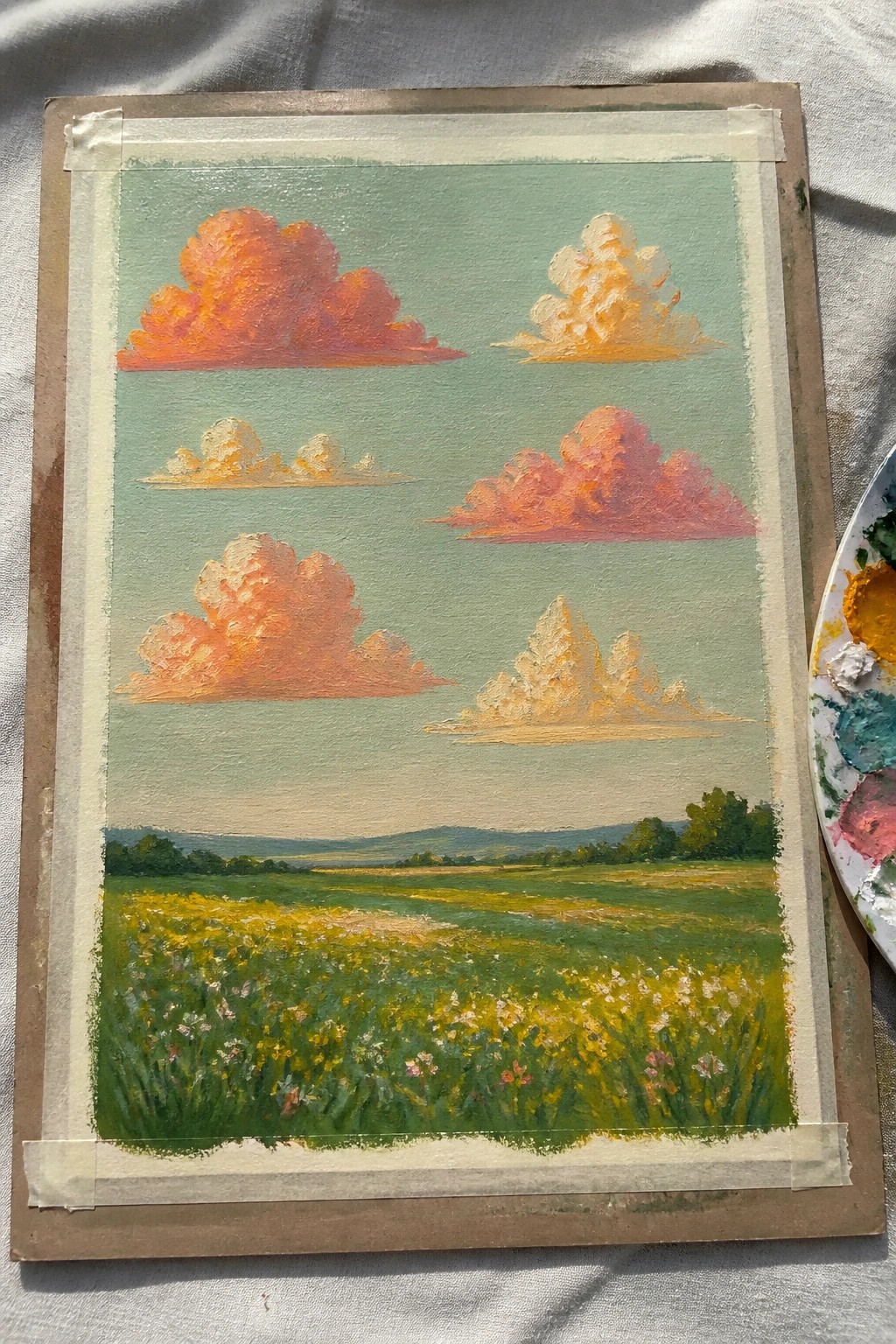 Landscape painting of wildflower field under vibrant orange-pink clouds with palette nearby