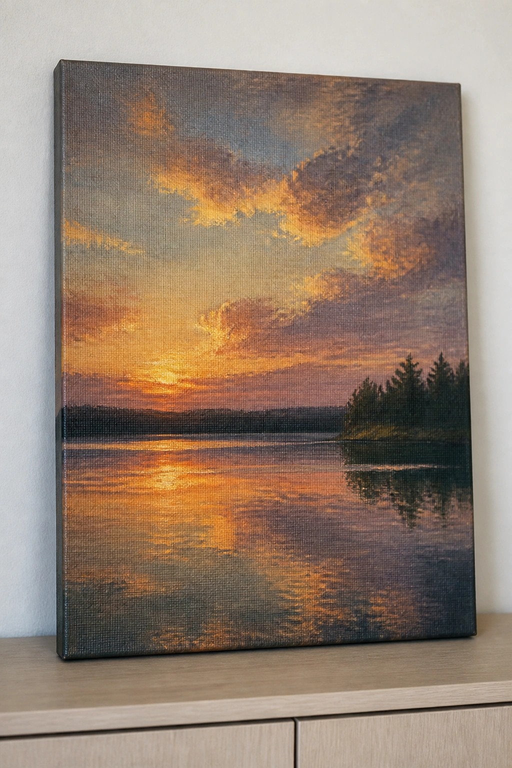 Vibrant sunset oil painting with orange sky, clouds, and water reflections beside trees