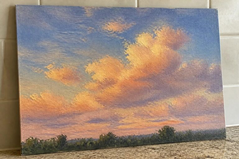Oil painting depicting a vibrant sunset sky filled with orange and pink clouds above a distant tree line and open field.